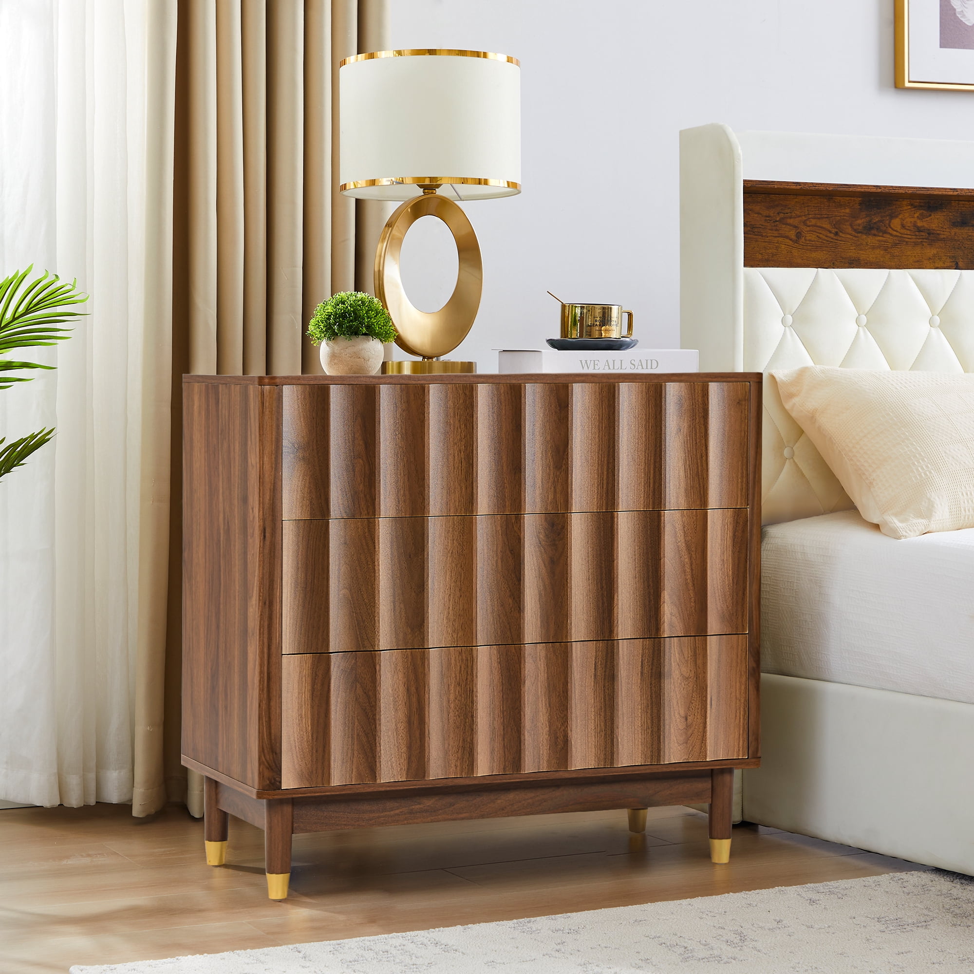 LEFHDA 31.5" Dresser Fluted 3 Drawer Dresser, Small Modern Chest of Drawers, Wood Storage Dressers Organizer Storage Cabinet for Bedroom Living Room Hallway Entryway