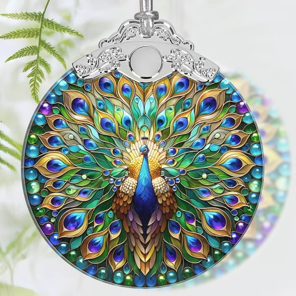 Adorno colgante navideño PEMIRSAYO con forma de pavo real, vidrio tintado de 8 x 9 cm