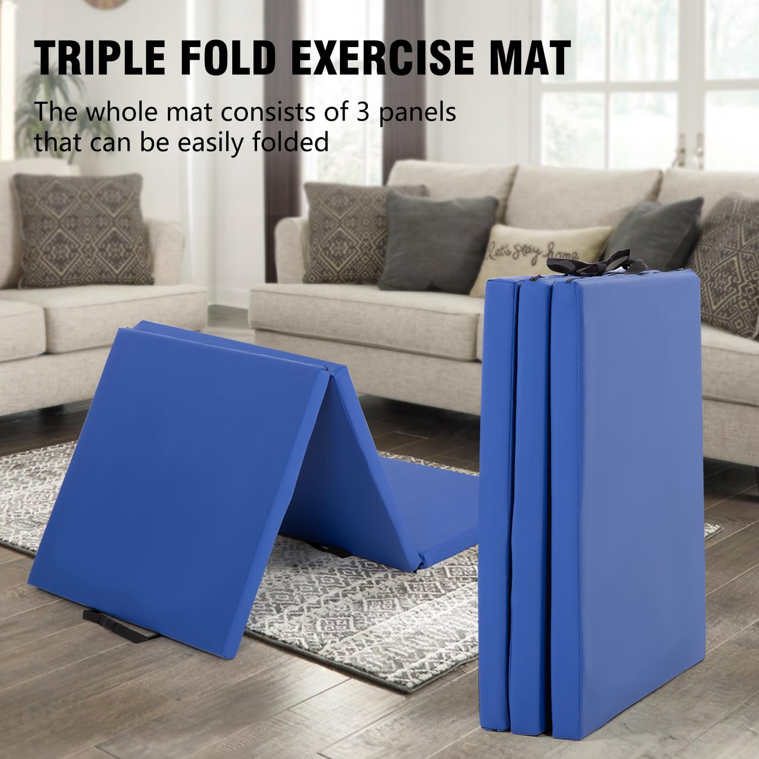 NiamVelo 6'x2'x1.5" Gymnastics Mat Folding Tumbling Mats 3-Fold Gymnastics Equipment PU Leather Exercise Mat Yoga Mat with Carrying Handles for Home Workout Outdoor, Blue