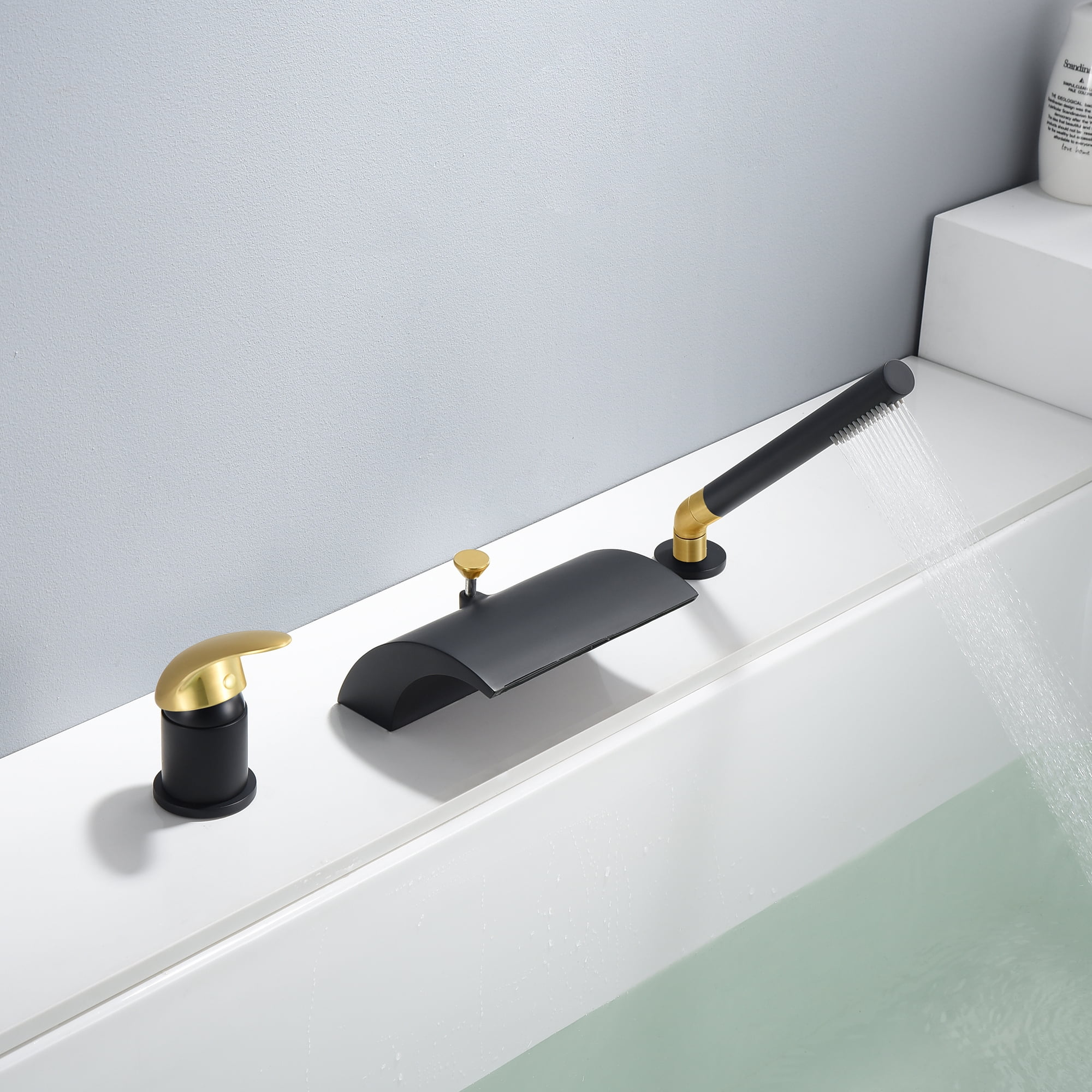 SUMERAIN Waterfall Roman Tub Faucet Deck Mount Bathtub Faucet Brass Tub Filler with Hand Shower, Black and Gold Finish