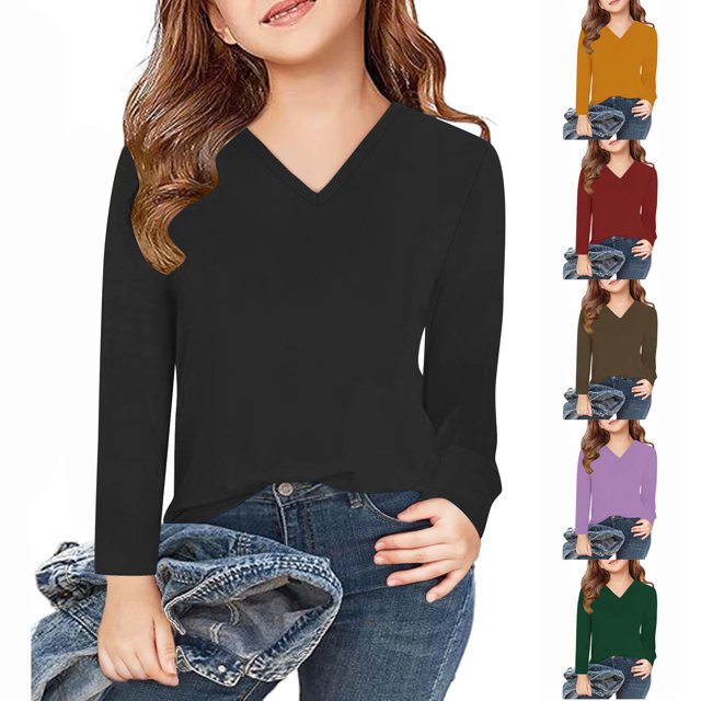 Tranfacy Chemises à Manches Longues pour Filles, Chemises d'Automne, Chemises à Manches Longues pour Filles Couleur Unie Col Rond Mignon Blouses Décontractées Vêtements