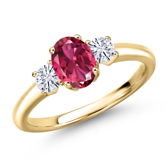 Gem Stone King 10K Yellow Gold Pink Tourmaline and White Moissanite Engagement Ring for Women | 1.17 Cttw | Oval 7X5MM | Gemstone October Birthstone | Size 9