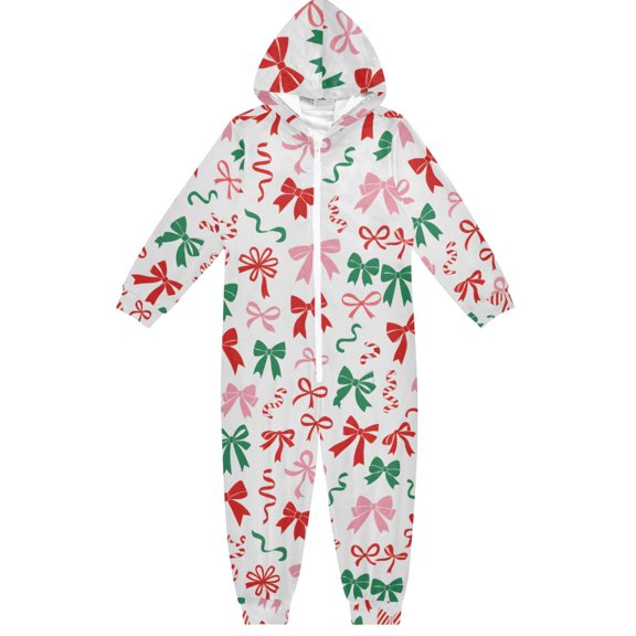 Christmas Bows Boys & Girls Hooded One-Piece Pajamas Warm Crystal velvet Hooded Long Sleeve Loungewear Jumpsuit Unisex
