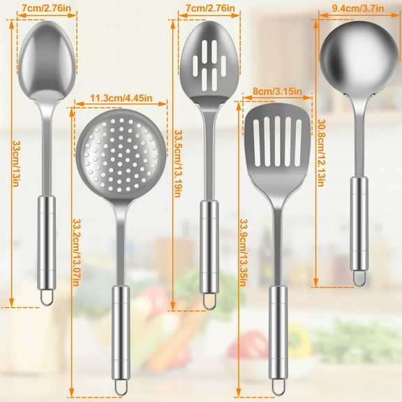 5Pcs Kitchen Cooking Utensils Set Hanging Hole Reusable Stainless Steel Spoons Spatula Set Heavy-Duty Washable Spoons Utensils