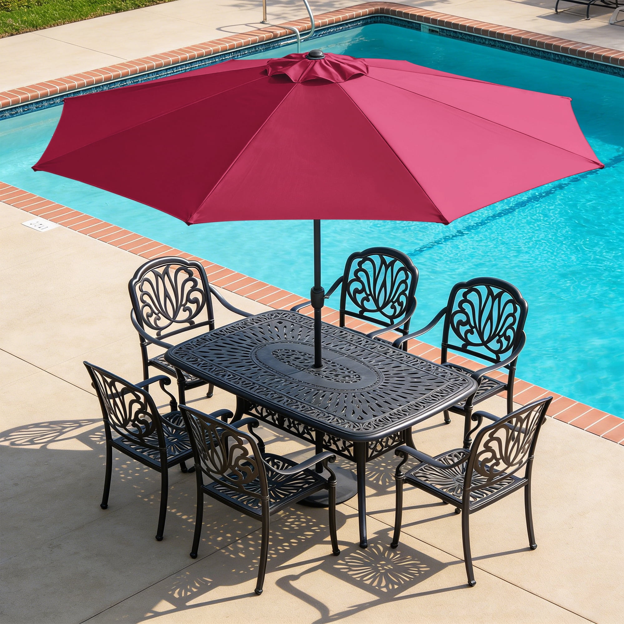 Abble 11FT Outdoor Patio Umbrella with Crank Handle, Market Umbrella with 8 Sturdy Umbrella Ribs, Waterproof for Garden Deck Backyard Pool, Burgundy