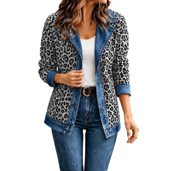 Womens Casual Cheetah Print Denim Jacket Long Sleeve Loose Button Up Fall Leopard Cardigan Outerwear Daily Top Grey L