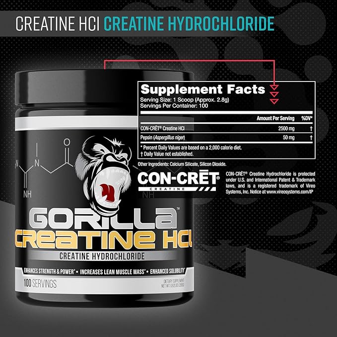 Gorilla Mind Creatine HCl Powder with Pepsin, Unflavored, 100 Servings