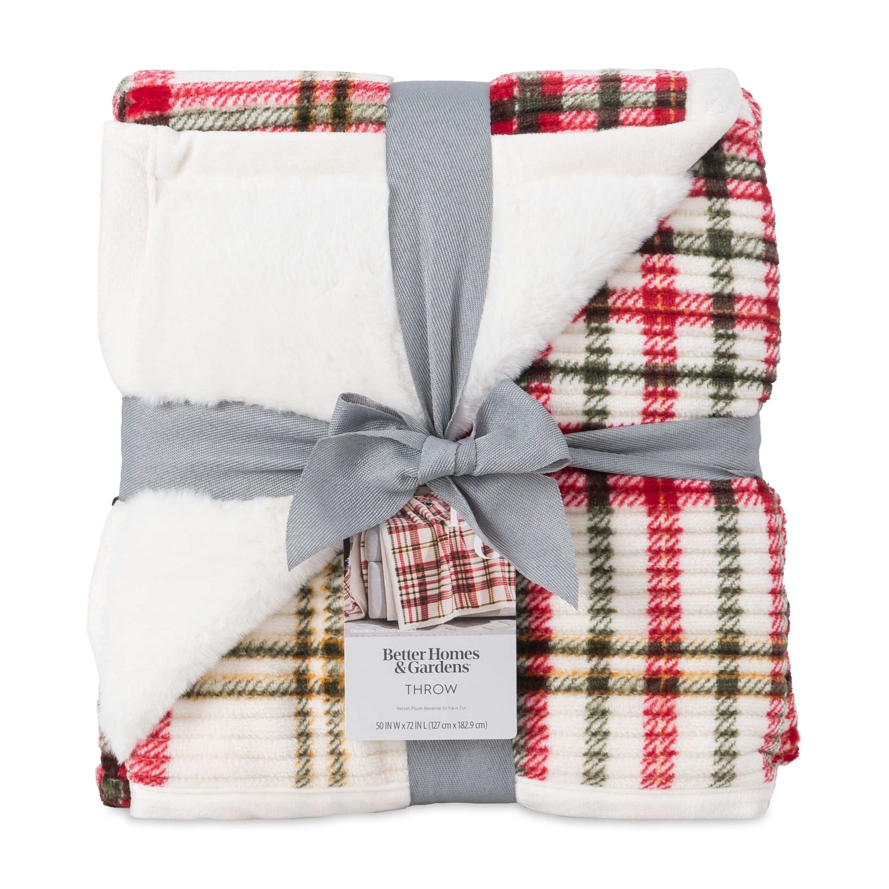 Better Homes & Gardens Printed Velvet Plush Reverse to Faux Fur Super Soft Throw Blanket, Oversized, Red Plaid
