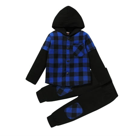 Younger Tree Toddler Baby Boy Clothes Hoodie Sweatsuit Outfits Kids Winter Flannel Plaid Shirt Top Pants Set for 4-5T