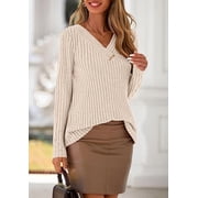 PRETTYGARDEN Women's Long Sleeve Shirts Fall Fashion Clothes Casual Ribbed V Neck Loose Tunic Tops Lightweight Sweaters