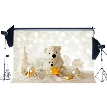 Image of GreenDecor 7x5ft Photography Backdrop Merry Christmas Tree Golden Star Balls White Bear Bokeh Halos Glitter Sequins Xmas Backdrops for Kids Adults Happy New Year Background Photo Studio Props