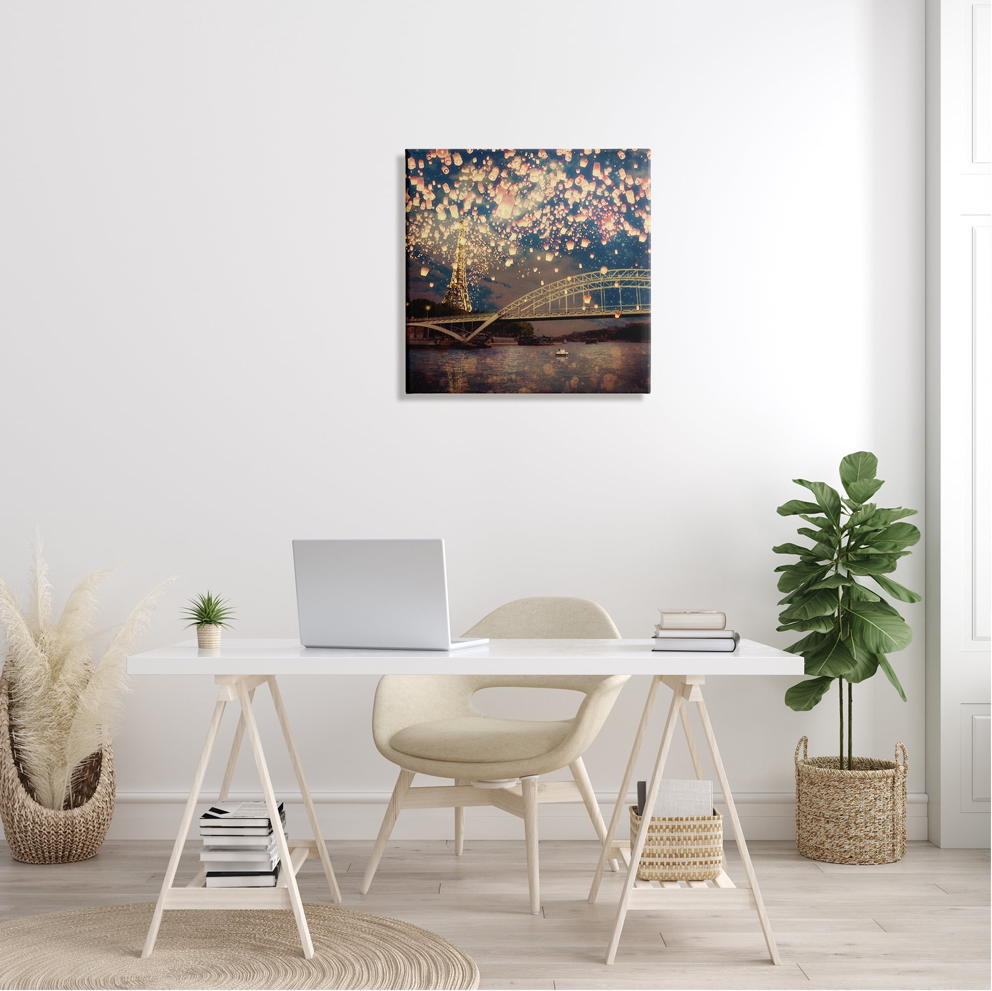 Luminous Lanterns Parisian City Skyline Modern Bridge Landscape Photograph Gallery-Wrapped Canvas Print Wall Art
