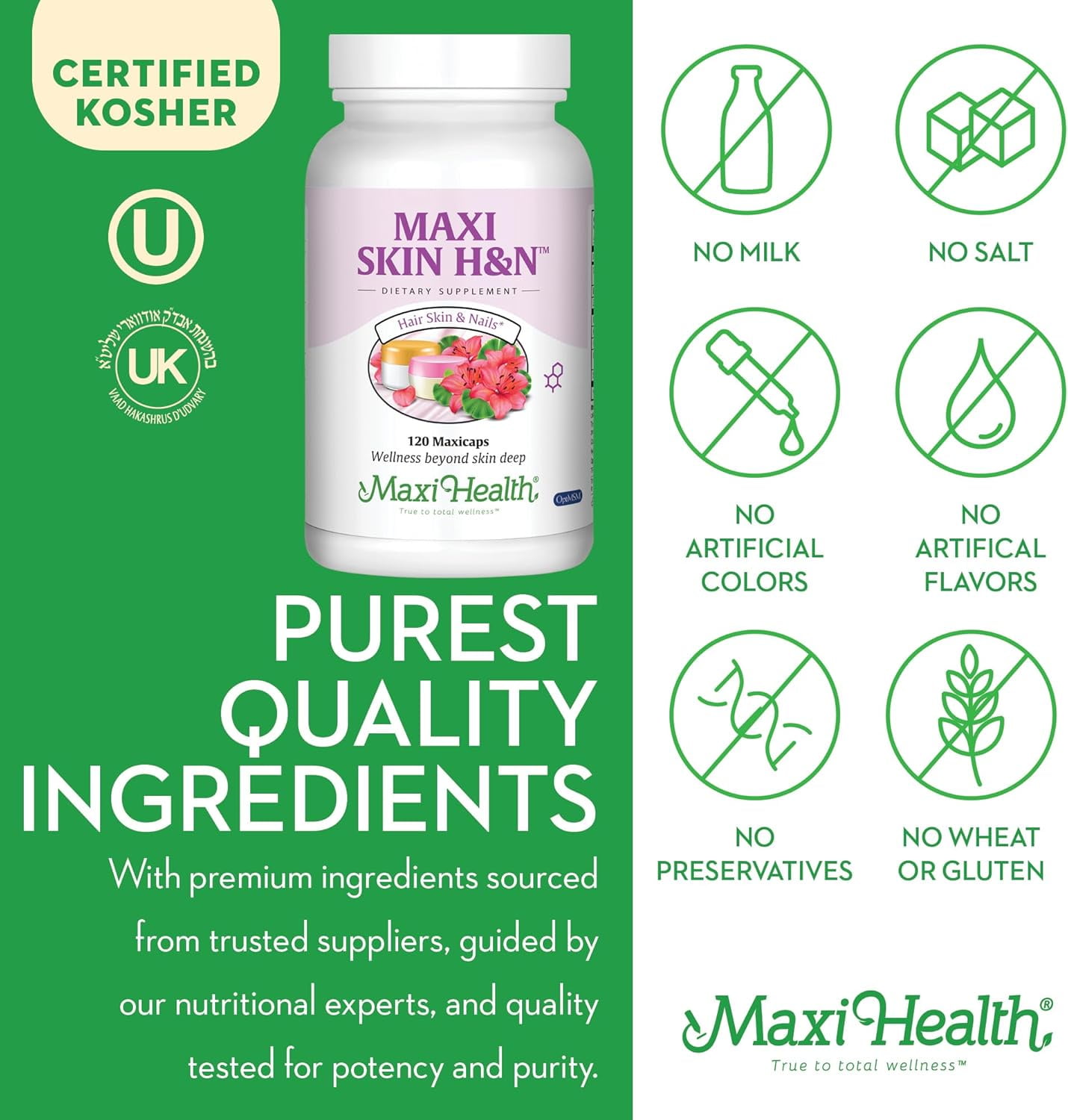 Maxi Health Skin, Hair & Nail Support, 120 Capsules – Biotin, Hyaluronic Acid & MSM – Adult Beauty Supplement