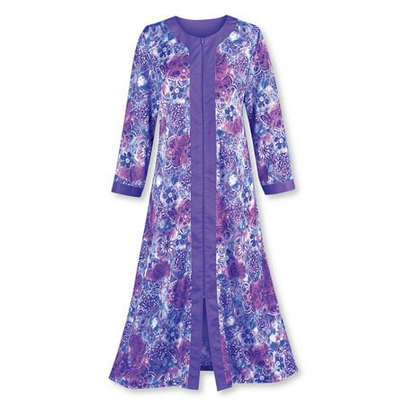 Women's Zip Front Floral Long Robe with Long Sleeves - Comfortable Loungewear with Side Pockets and Split Neckline, Medium, Purple