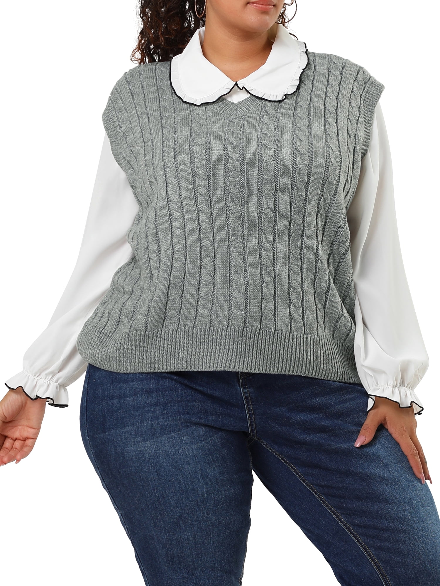 Unique Bargains Women's Plus Size V Neck Cable Knit Sweaters Tank Tops 1X Gray