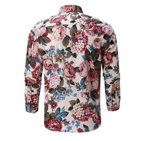 

Men s Spring And Summer Shirt Top Long-sleeved Hawaiian Top Floral Printed Shirt Beach Button Work Office Shirt Top Pajama Large