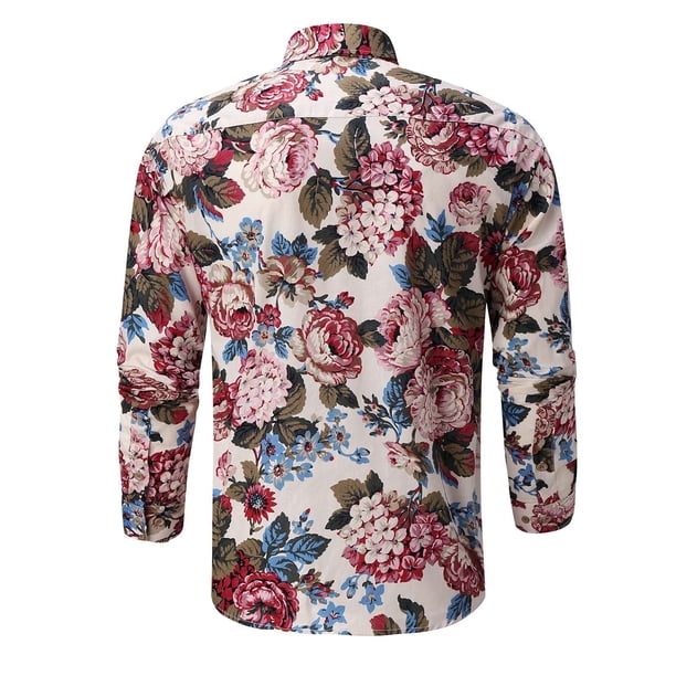 Camisas De Vestir Para Hombre 5xl Camiseta de primavera y verano para hombre, camiseta hawaiana de manga larga con estampado Floral, camiseta de trabajo con botones para la playa, (Red, 5XL)