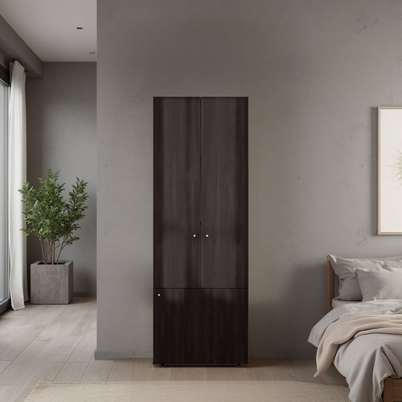 Dtwnek 3 Doors Armoire with 4 Shelves, Wood Clothes Storage Cabinet for Bedroom, Living Room, White