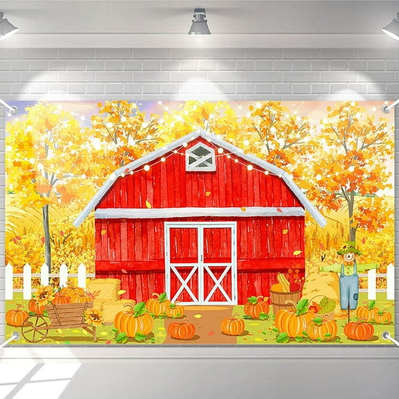 7x5FT Fall Red Farm Theme Pretty Backdrop Watercolor Autumn Pumpkin Patch Banner Fall Thanksgiving Day Baby Shower Birthday Party Decoration Banner