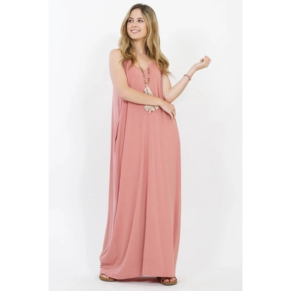 Maxi Dress With Adjustable Straps & Pockets (AshRose, L)
