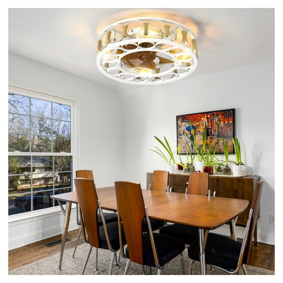 Caged Ceiling Fan with Lights Control,Semi -embedded Modern Ceiling fans, 6 Speeds Reversible Blades, 4 LED Bulbs Include(White)
