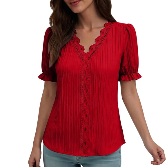 Staron Summer T-Shirts for Women Lace Trim Casual V-Neck Short Sleeve Pullover Blouse Top, Red 3XL