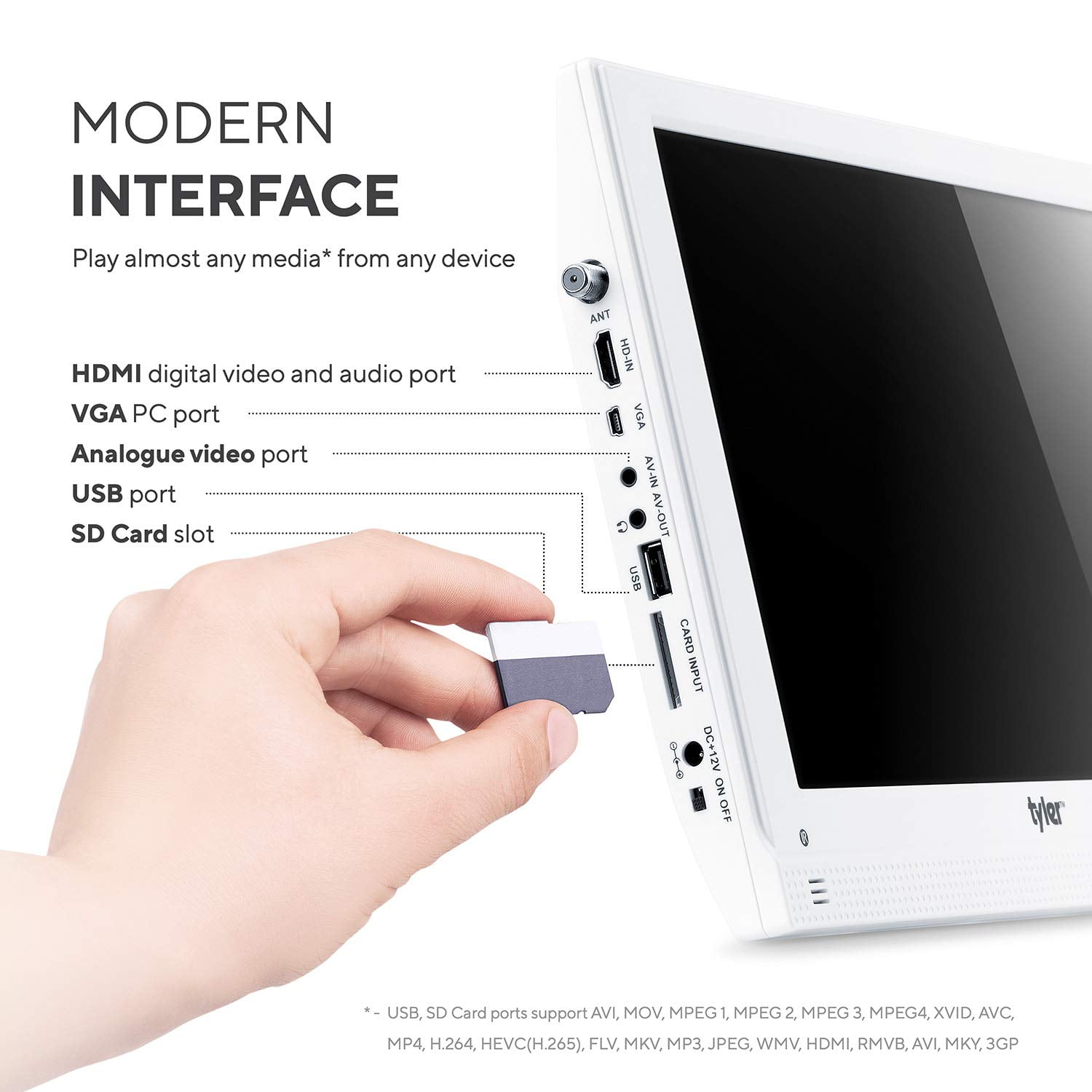 Tyler TTV707-13 13.3" Portable Battery Powered LCD HD TV Television with HDMI, USB, RCA, and SD Card Inputs | White