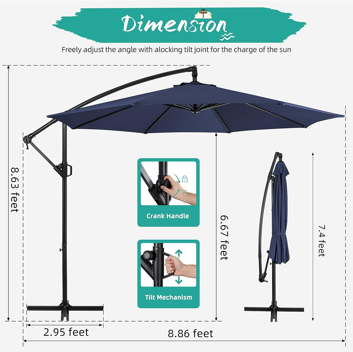 Sobaniilo Patio Offset Umbrella w/Easy Tilt Adjustment, Crank and Cross Base, Outdoor Cantilever Hanging Umbrella with 8 Ribs, 95% UV protection and Waterproof Canopy, Navy Blue