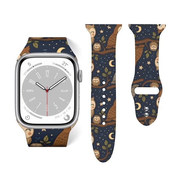 Owls On Branch Pattern Soft Silicone Sport Band 38mm40mm Wristband for Apple Watch, Waterproof Buckle Strap for Series 9/8/7/6/SE/Ultra