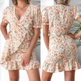 thumbnail image 2 of Vestido de verano con cordones y volantes con estampado floral de manga corta con cuello en V para mujer Fridja  bnh3916, 2 of 9
