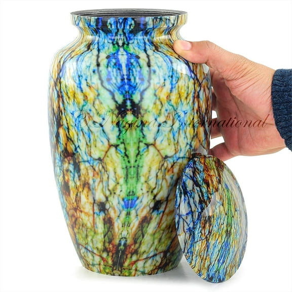 11" Aluminum Cremation Funeral Urns for Adult Human & Pet Loss | Beautiful Style Handcrafted Burial Funeral Urns for Cremated Ash Remains Storage (Vascular Green)