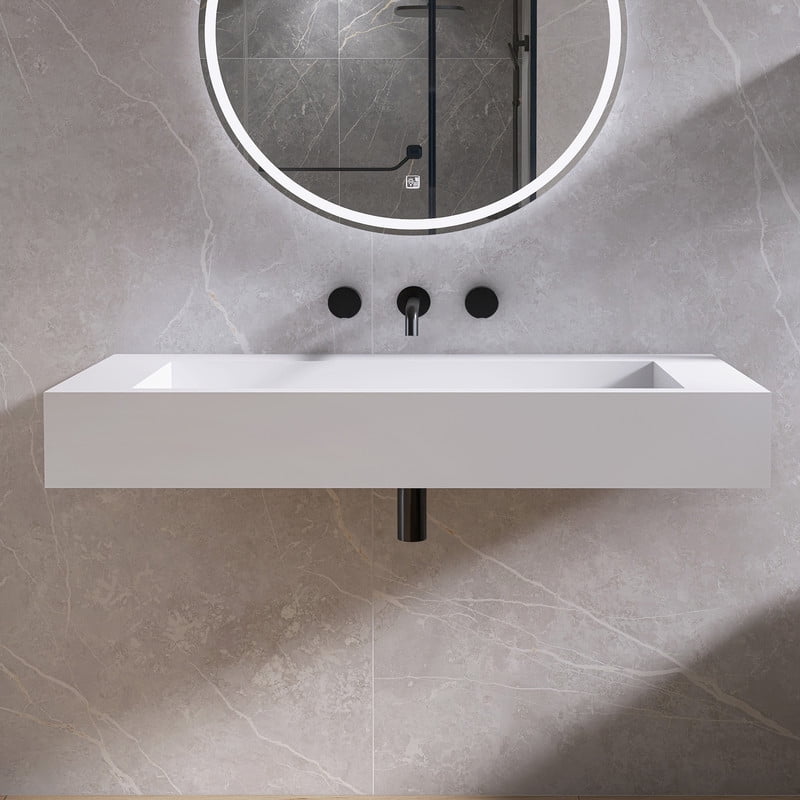 MEDUNJESS 42" Vessel Sink Wall-Mount Bathroom Sink V-Shaped Floating Sink Stone Resin in Matte White