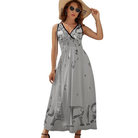 Eiffel Tower Paris Womens Night Club Maxi Dress V Neck Sleeveless Bohemia Long Dresses