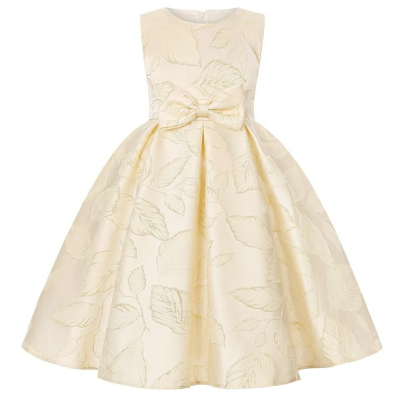 Otqutp Holiday Dress for Flower Girls Child Girls Sleeveless Pageant Dress Birthday Party Kids Leaf Embroidery Prints Bowknot Gown Dress 2-10 Years(A,5-6 Years)