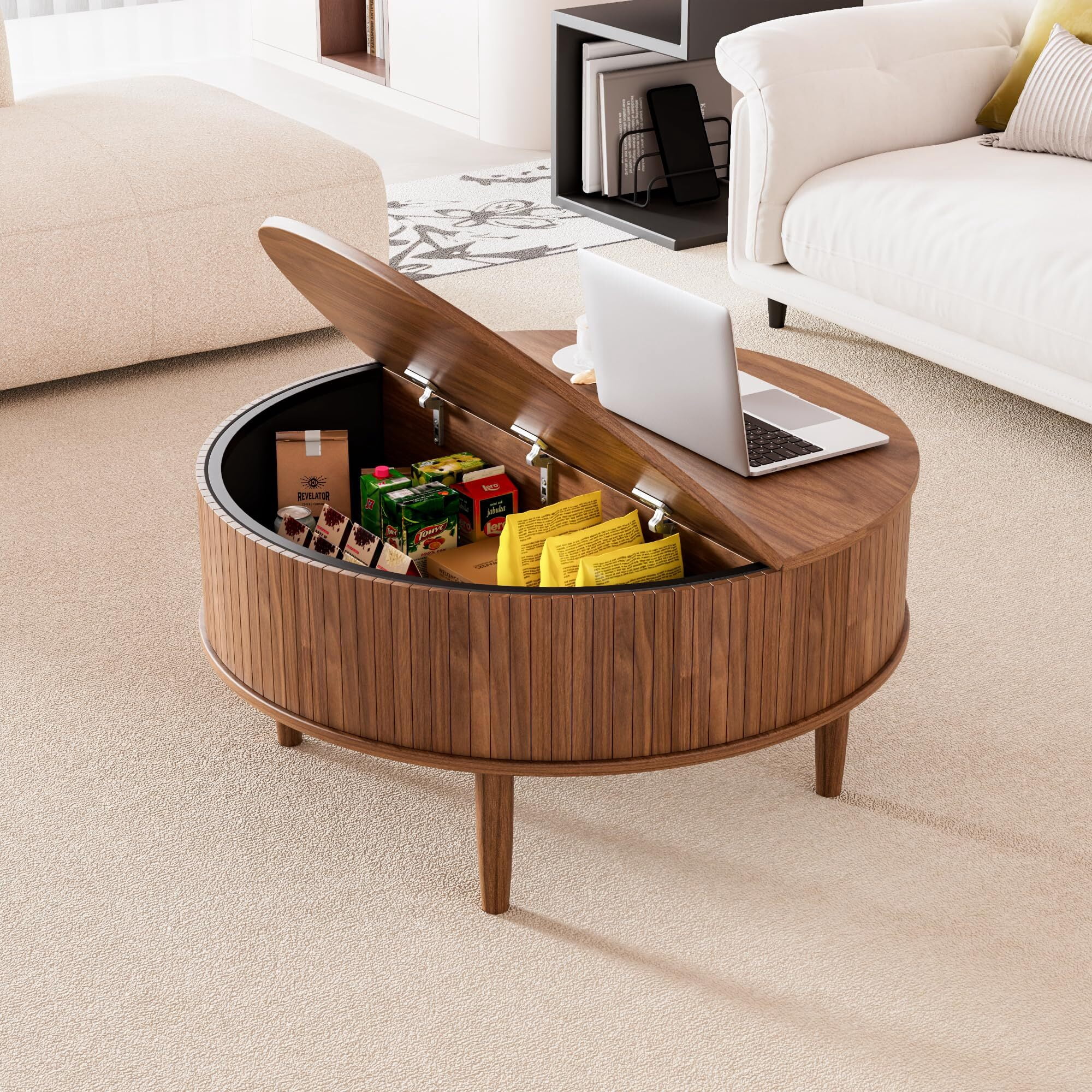 Fsbecl Mid-Century Modern Semicircle Wood Coffee Table with Storage, Walnut