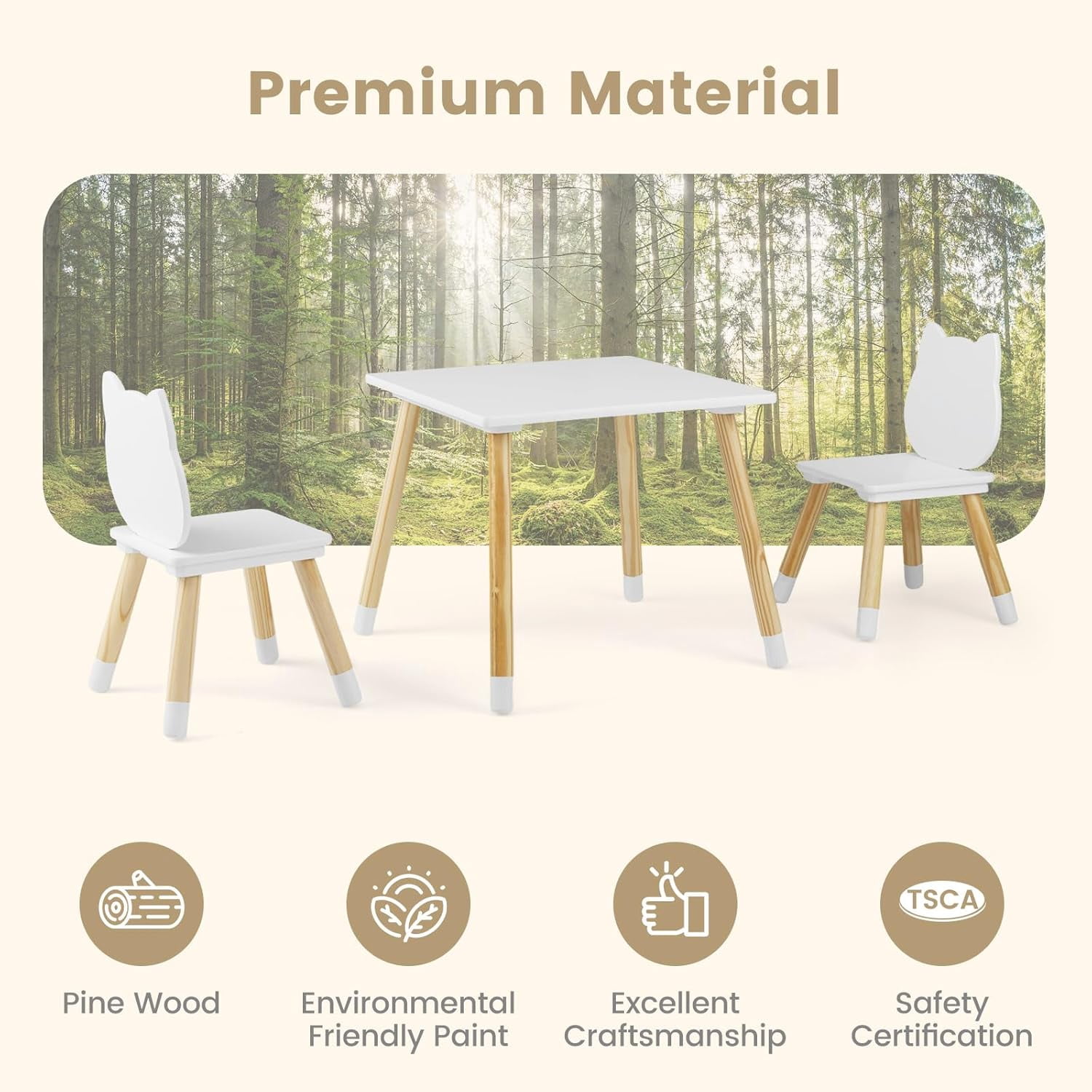 INFANS Kids Table and Chair Set, Wooden Toddler 3-Piece Desk for Playing Eating Drawing Reading Art Crafts, Ideal Children Furniture for Kindergarten Classroom