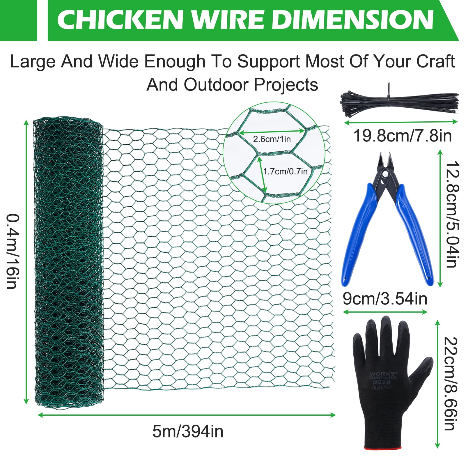 topjuju Chicken Wire Fencing Set , 15 x 394 Inches Green Chicken Wire Mesh with 50 Twist Ties, Pliers and Gloves, 0.6 Inch Hexagonal Galvanized PVC Coated Netting Fence for Crafts, Poultry, Garden