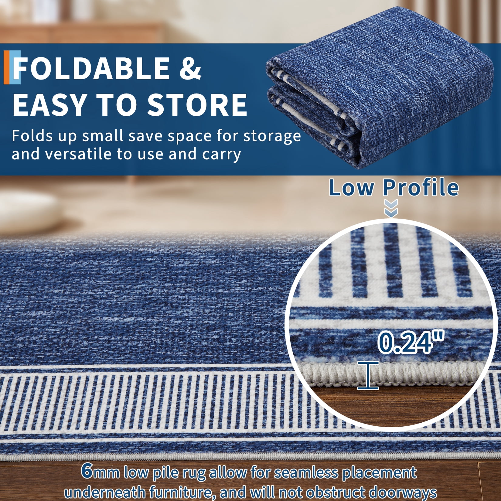 Garvee Indoor Bordered Area Rug, 5'x7' Modern Non Slip Rubber Backing Washable Rug Low Pile Striped Rugs Carpet for Bedroom Living Room Nursery Office, Blue