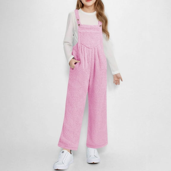 Xdegoge Girls Fleece Overalls Jumpsuit Soft Warm Sherpa Wide Leg Romper with Adjustable Straps Cute and Cozy Winter Jumpers