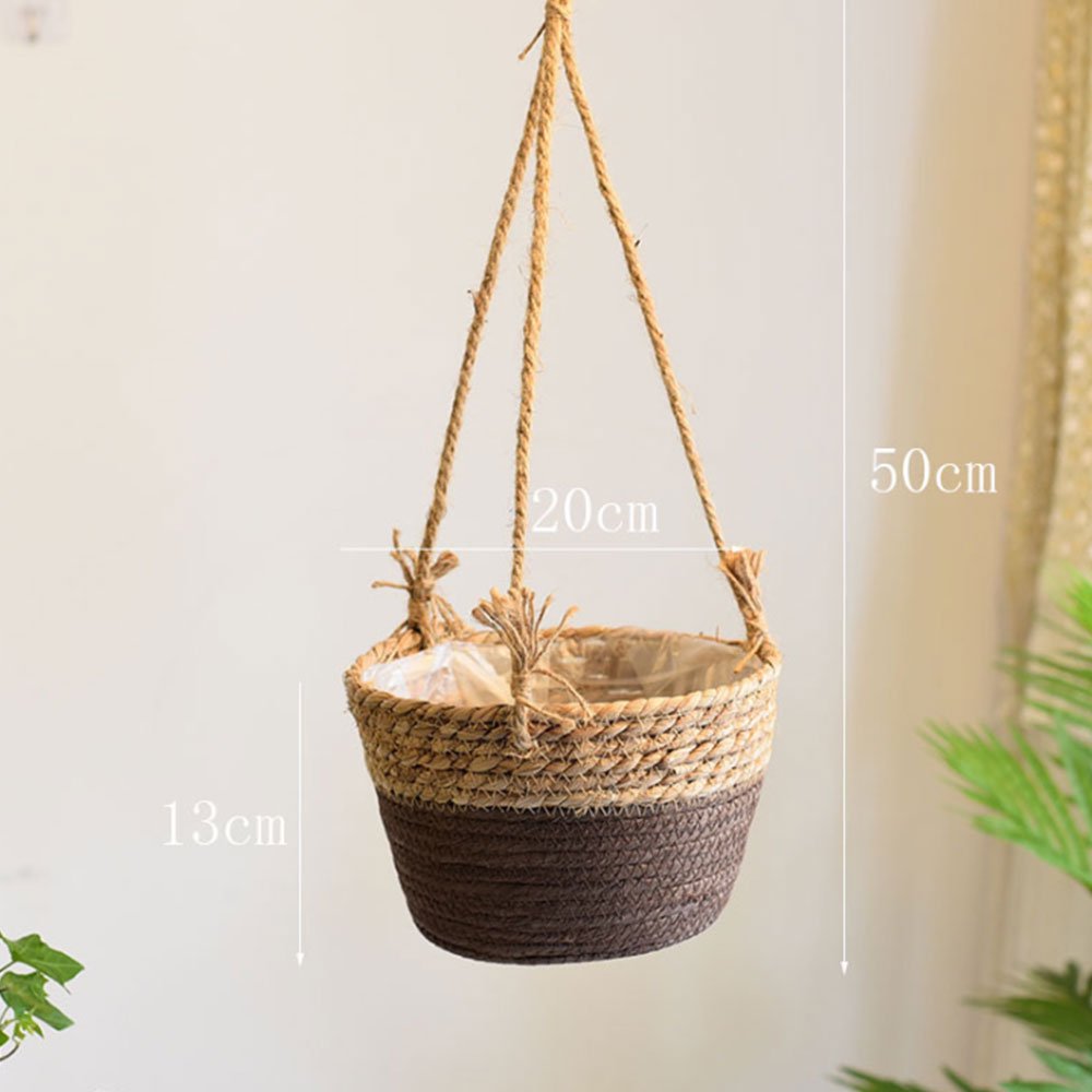 Pot De Fleurs Suspendu En Jute Et Jonc De Mer - 50 X 20 X 13 Cm, Couleur Verte - Pour Intérieur Ou Extérieur, Pliable - 12