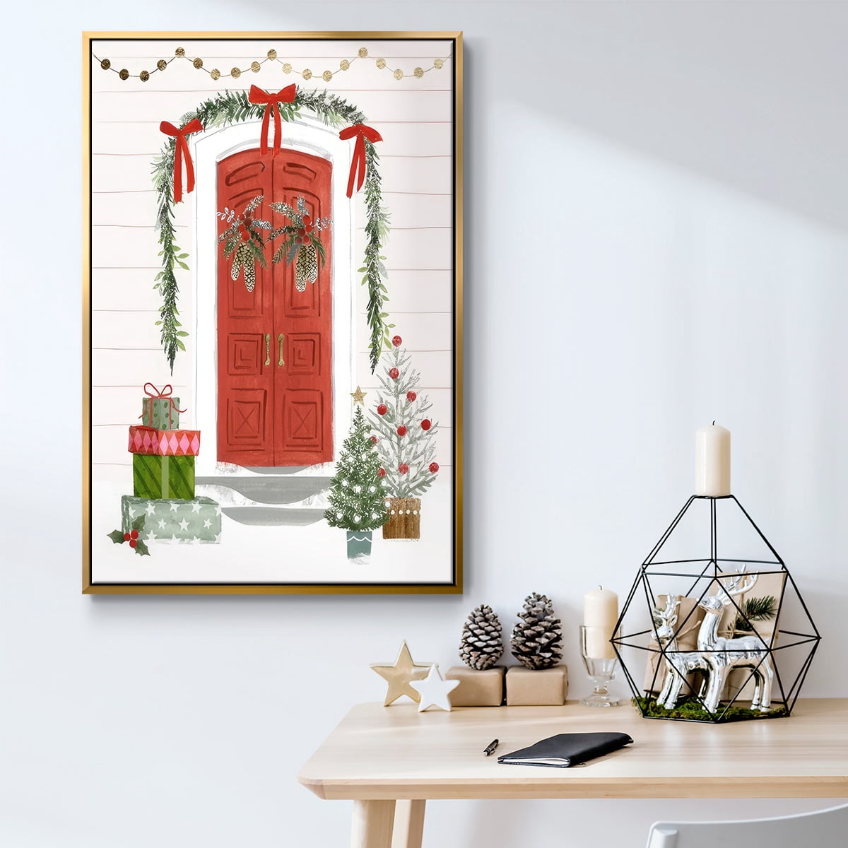 Festive Front Door II - Framed Gallery Wrapped Holiday Canvas - 17 x 25 - Gold Frame