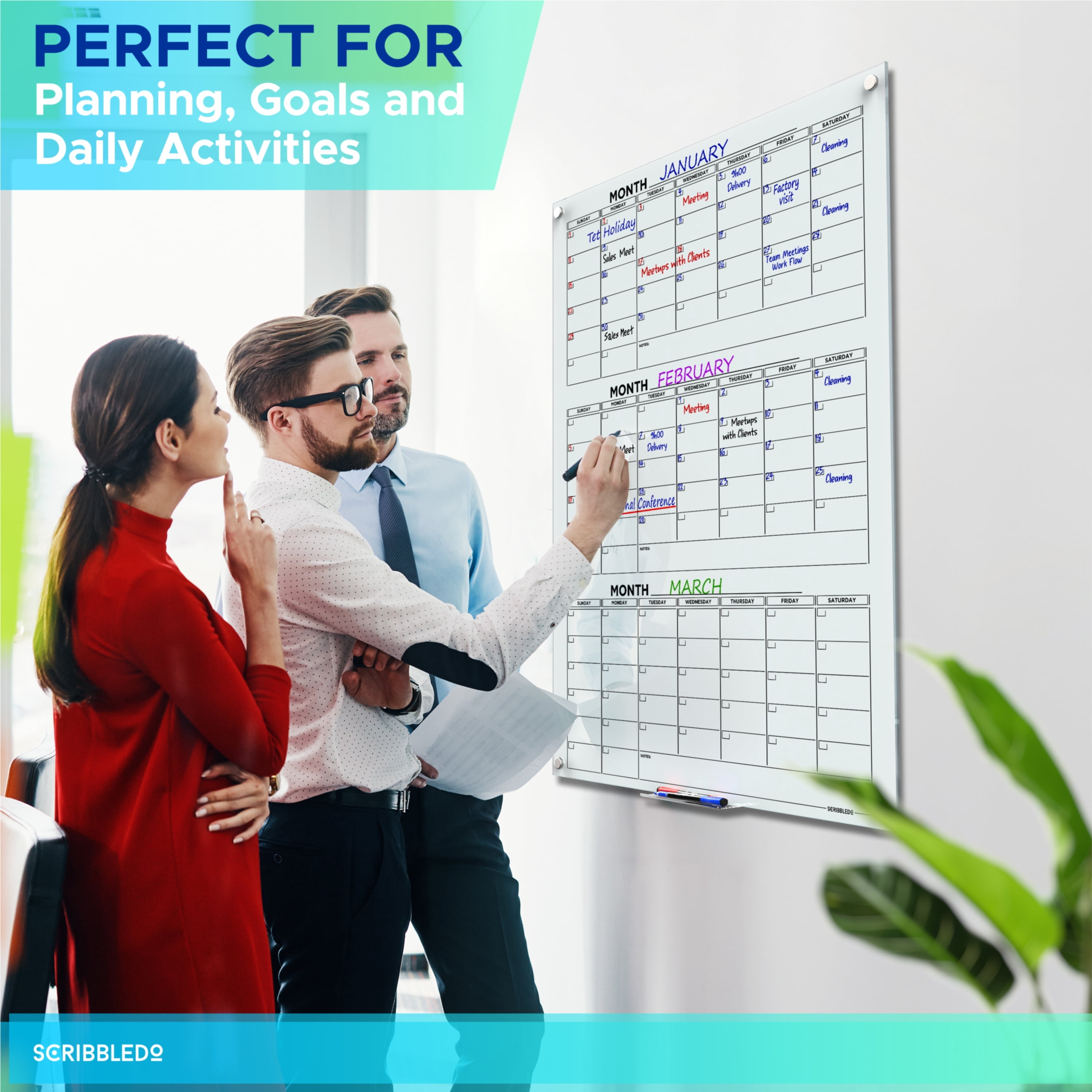 Glass Whiteboard Calendar 34x46” Quarterly Planner White Board Calendar Dry Erase Board 3 Month Dry Erase Calendar for Wall Glass Calendar Whiteboard Home office Large Wall Calendar & Marker Tray