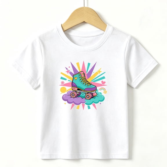 Girls Graphic Tees Roller Skate Kids T Shirt Retro Disco 100% Cotton Short Sleeve Soft Tops 4-13Y White