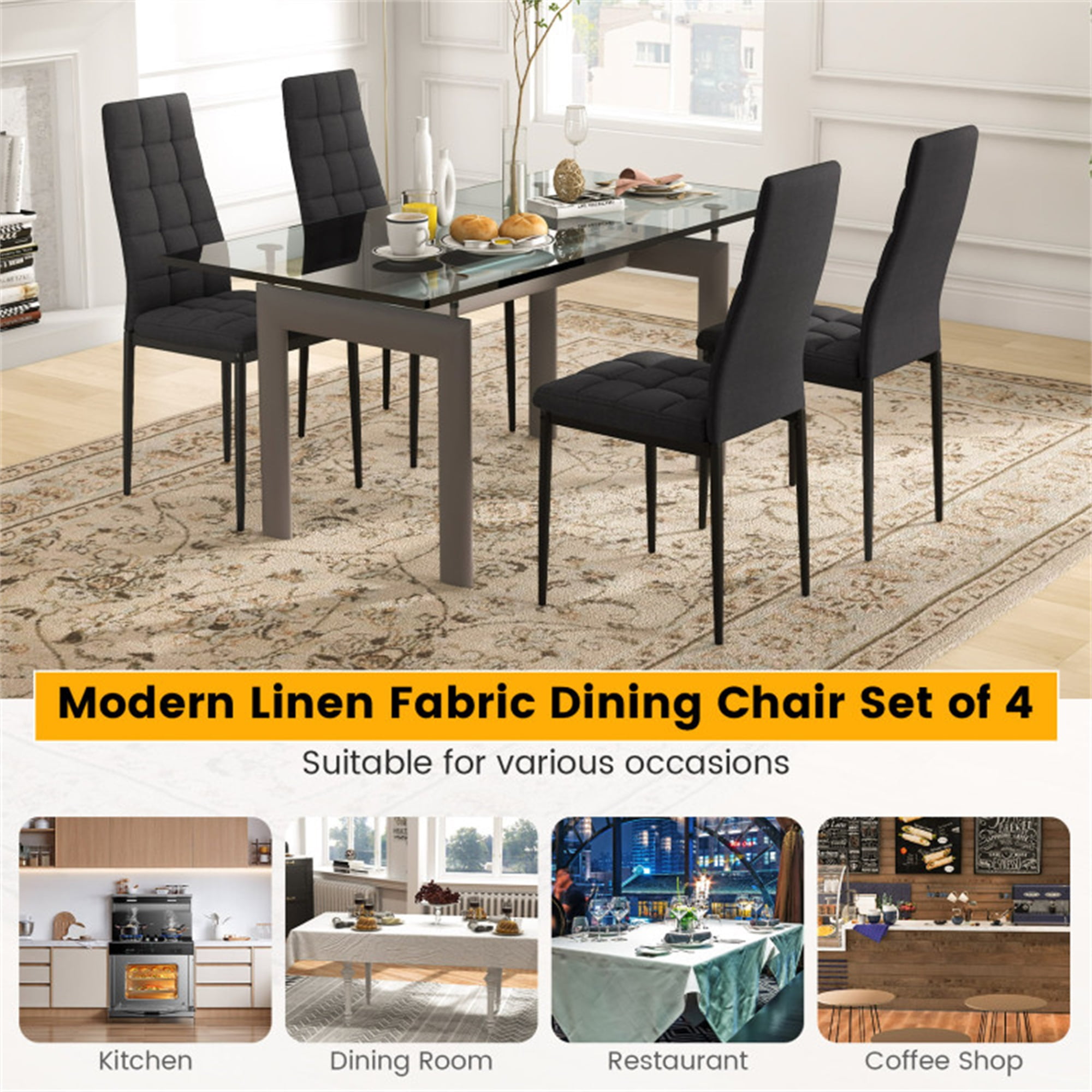 Demi Bonn Set of 4 Fabric Dining Chairs Set with Upholstered Cushion and High Back, Black