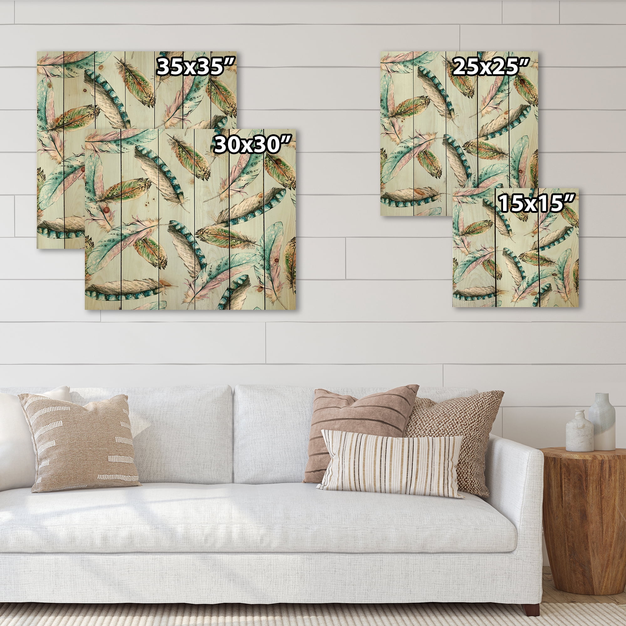 Designart 'Green Bird Feathers On Blue Background' Bohemian & Eclectic Print on Natural Pine Wood
