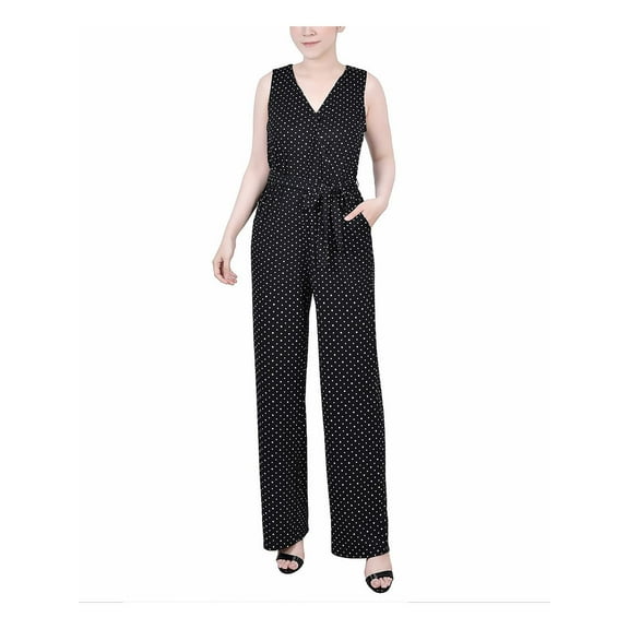 NY Collection Womens Petites Polka Dot Belted Jumpsuit