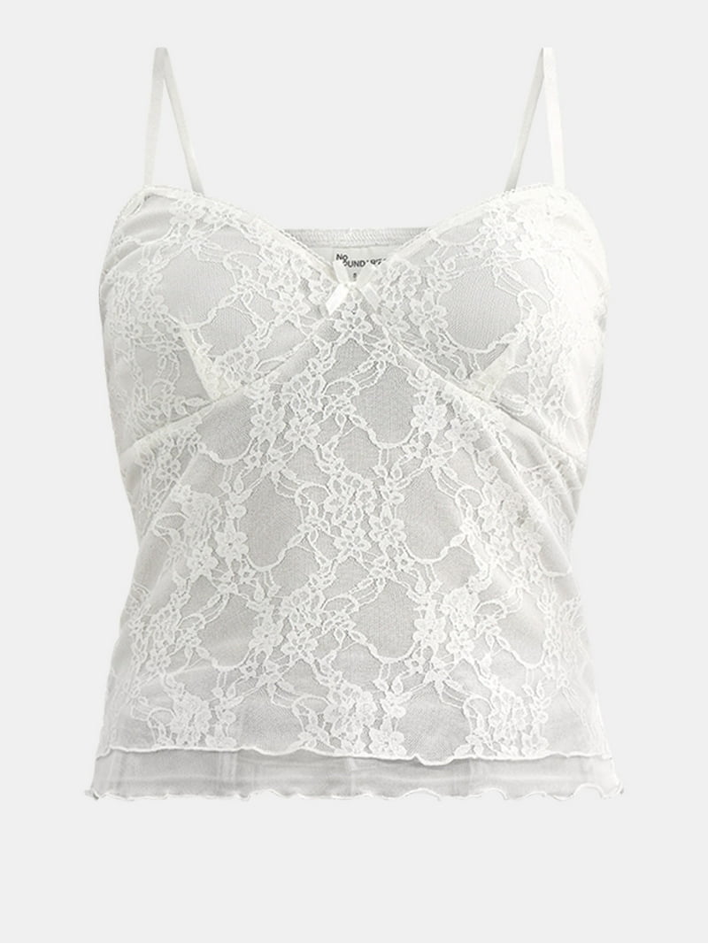 No Boundaries Lace Tank with Picot Trim for Women, Floral Lace
