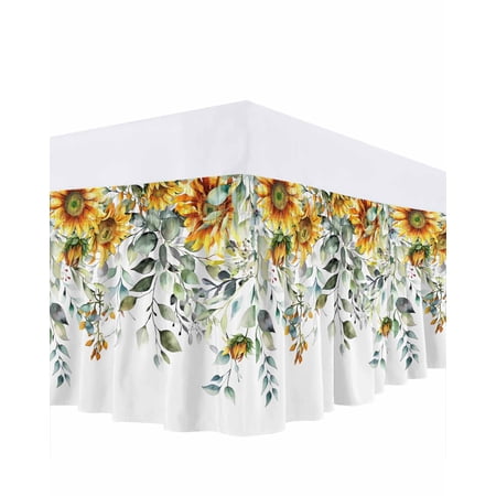 Sunflowers Bed Skirt King Size, Eucalyptus Leaves Spring Floral Summer Botancial Wrap Around Bed Skirting with Adjustable Elastic Strap, Dust Ruffle Pleated Bedskirts 16 Inch Drop for Bedroom Beds