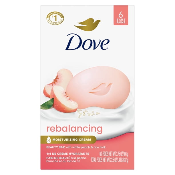 Dove Beauty Bar Gentle Cleanser Moisturizes To Help Rebalance Skin Peach and Rice Milk Gentle Bar Soap Cleanser Made With 1/4 Moisturizing Cream 106 g 6 count