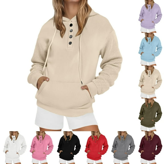 Oversized 1/4 Button Up Hoodies for Women Trendy Long Sleeve Sweatshirts Comfy Hooded Pullover Fall Casual Outfits Cute Tops (Beige,4X-Large)